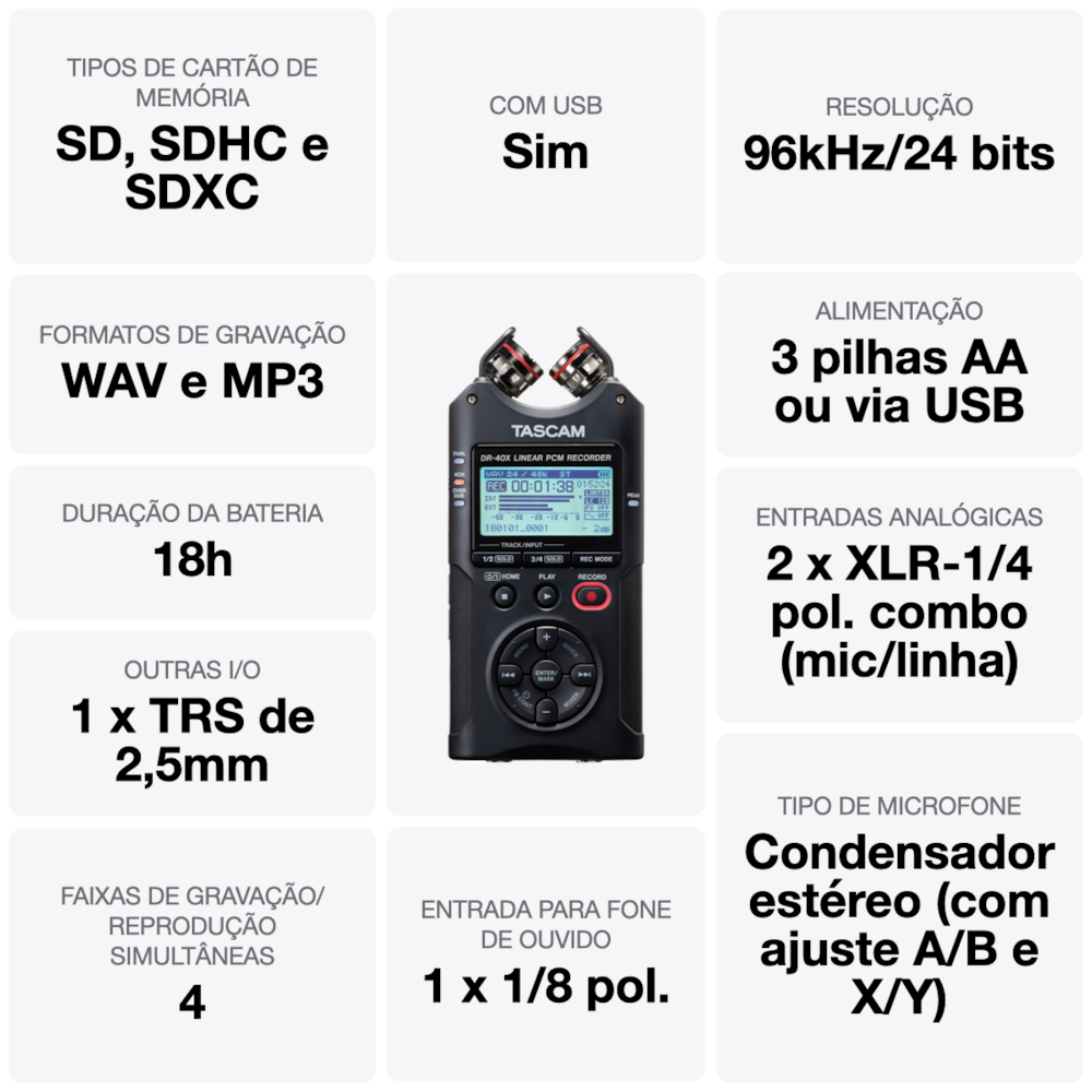 Gravador digital TASCAM DR-40X portátil com 4 canais - 6