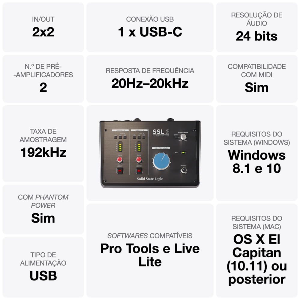 Interface de áudio USB com 2 entradas e 2 saídas SSL 2 - OPEN BOX - 3