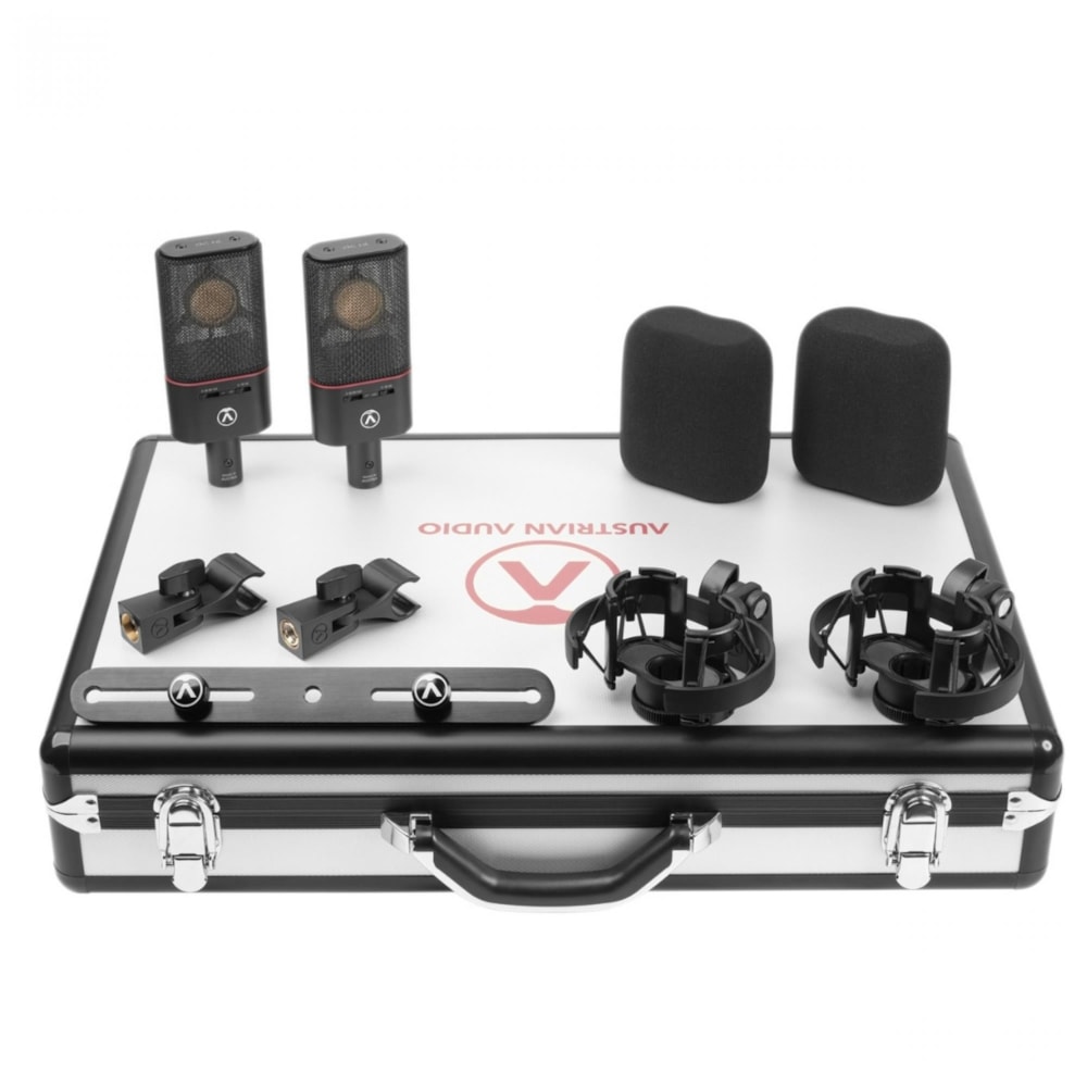 Kit com 2 microfones condensadores diafragma grande cardioide Austrian OC18 Dual Set Plus