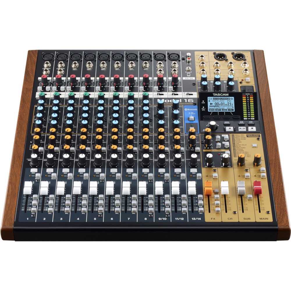 Mixer, interface e gravador digital TASCAM Model 16 USB com 14 entradas e 10 saídas